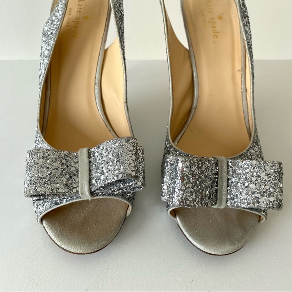 kate spade Sparkly Glitter Bow Slingback Silver Metallic Girlie Feminine Heels - Picture 15 of 17